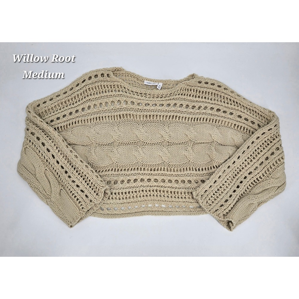 Willow + Root Cable Knit Sweater Medium Beige Open Knit Boho Coastal Cropped